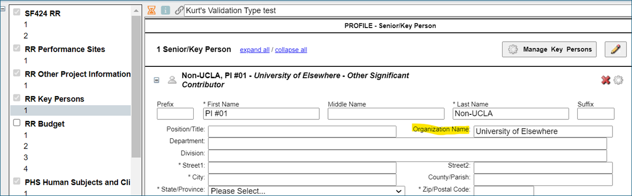 Image of Organization Name field appearing on the RR Key Persons form in S2S Grants (Cayuse)