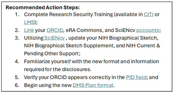 Information box on Recommended Action Steps. It outlines various steps to begin using the DMS Plan format.